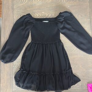 Katie J NYC Black Pleated Cocktail Dress with Bishop Sleeves